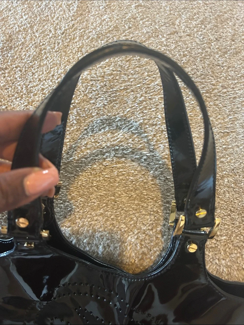 Tory Burch Black Patent Shoulder Tote with Perforated Logo